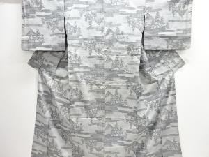 アンティーク　ヱ霞に樹木・橋模様織り出し手織り紬着物